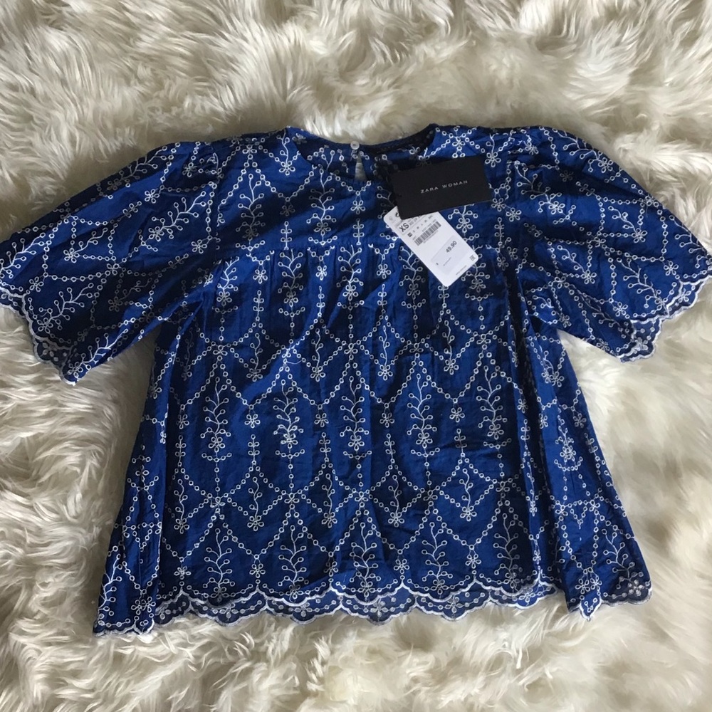 NWT Blue Embroidered ZARA Top